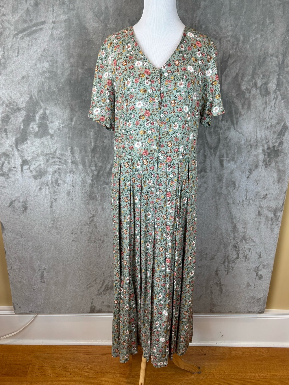 Vintage 90s St Michael Marks & Spencer Sage Floral Maxi Dress US 10 UK 14
